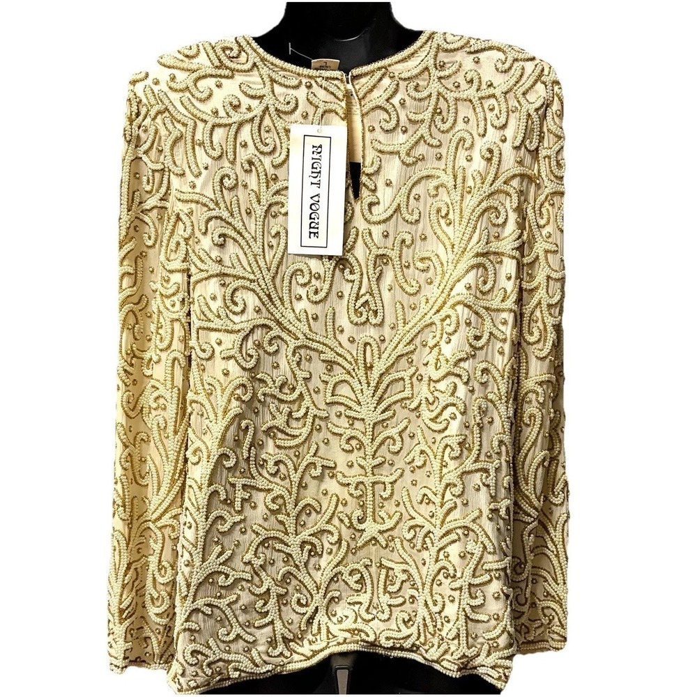Vintage 80s Beaded Sequin Embellished Top Women's L Silk Party Glam Mob Wife NWT - Picture 3 of 10